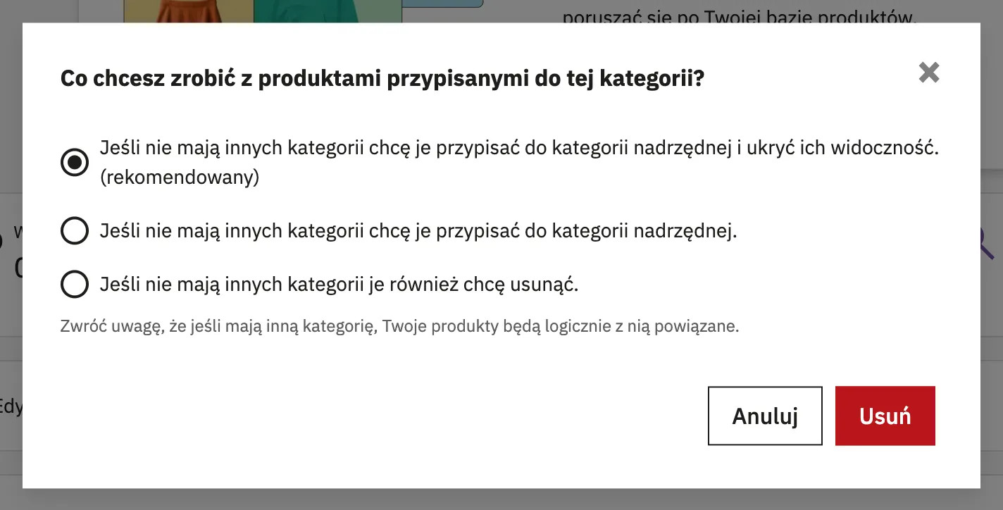 Okno Co chcesz zrobić z produktami przypisanymi do tej kategorii z trzema opcjami