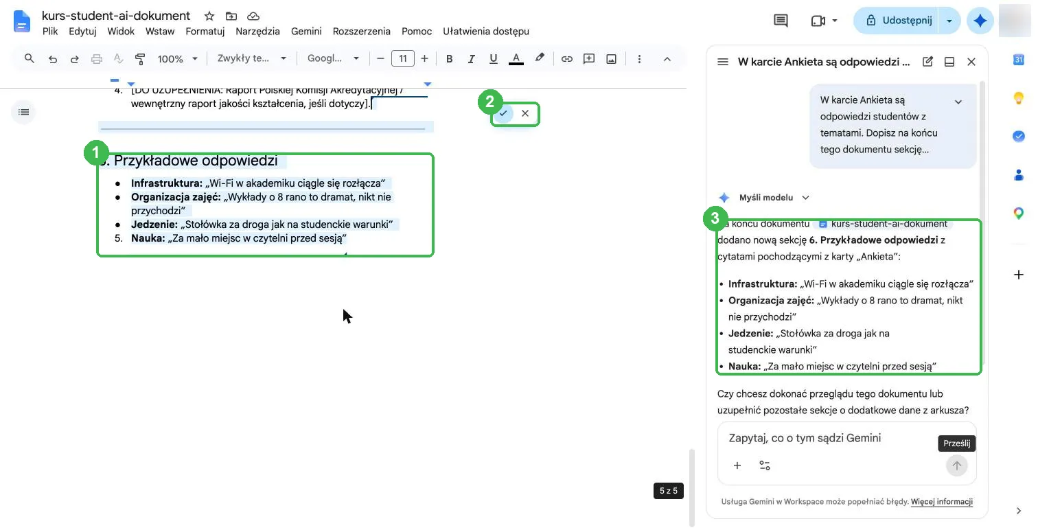 Nowa sekcja Przykładowe odpowiedzi jako sugestia i opis zmian w panelu