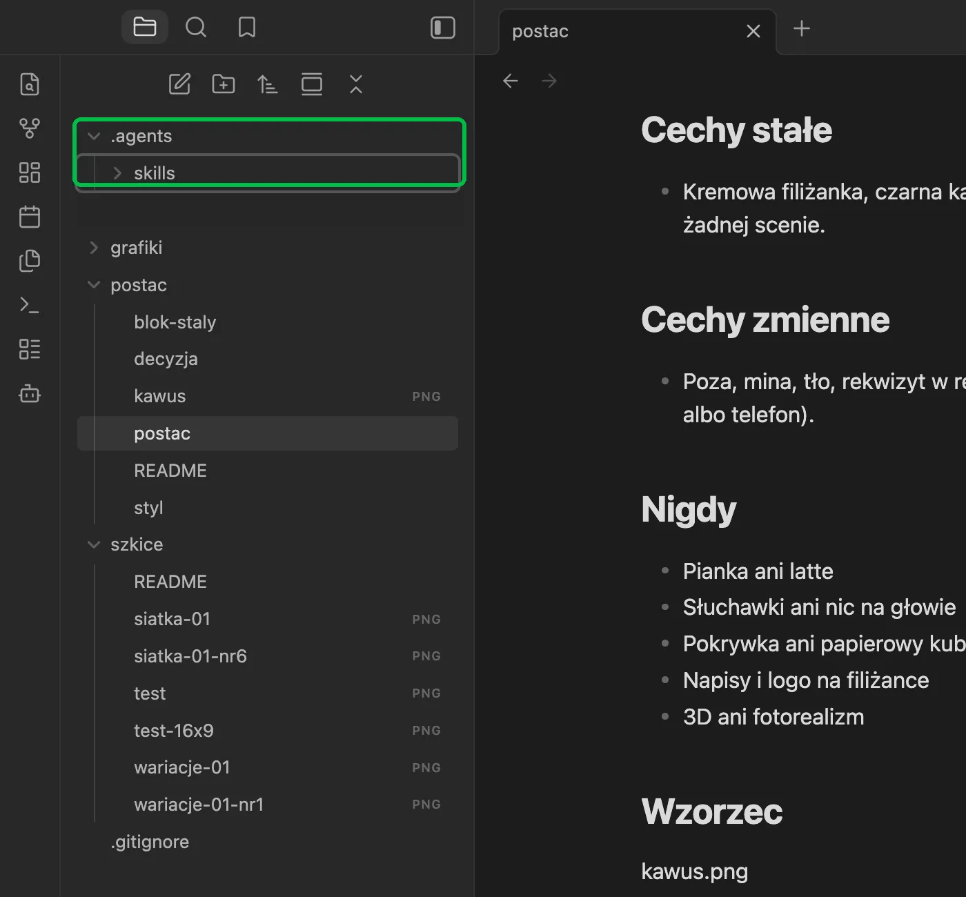 Drzewo sejfu z widocznym folderem .agents i podfolderem skills
