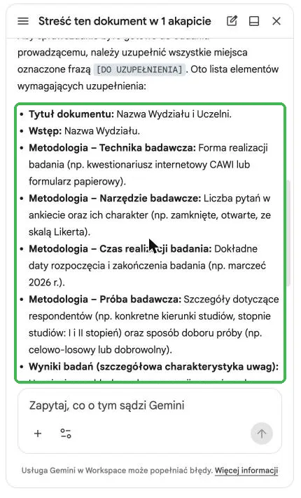 Lista miejsc do uzupełnienia: tytuł, wstęp, metodologia, wyniki