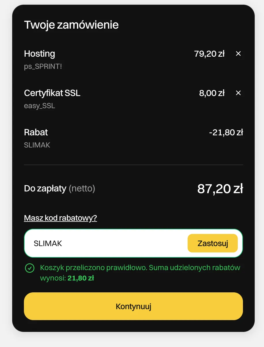 Koszyk po rabacie: hosting 79,20 zł, SSL 8 zł, rabat 21,80 zł, do zapłaty 87,20 zł netto