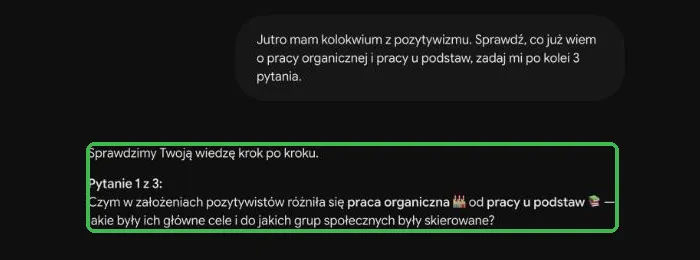 Gemini w trybie nauki zadaje pierwsze z trzech pytań o pracę organiczną i pracę u podstaw