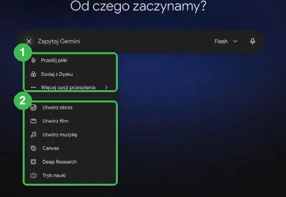 Menu plusa: Prześlij pliki, Dodaj z Dysku, a niżej Utwórz obraz, film, muzykę, Canvas, Deep Research, Tryb nauki