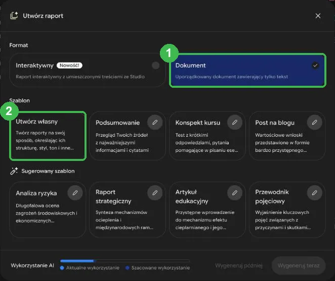 Okno Utwórz raport z formatem Dokument i szablonem Utwórz własny