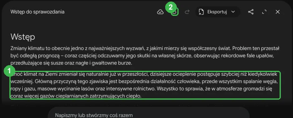 Ten sam akapit po poprawce, prostszym językiem, i strzałka cofania zmian