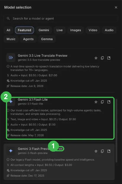 Lista modeli: Gemini 3 Flash Preview z plakietką Paid i Gemini 3.1 Flash Lite bez plakietki