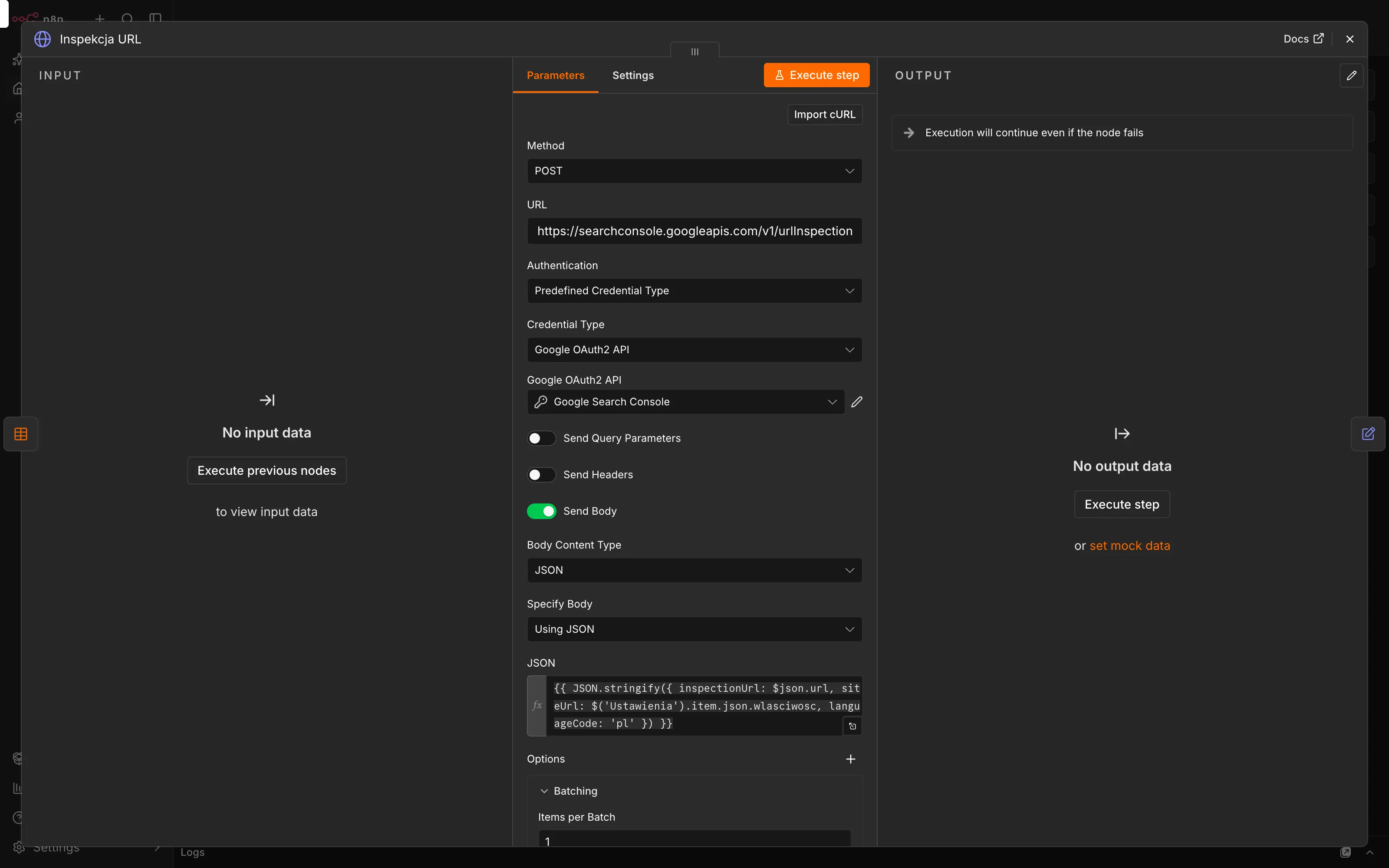 Węzeł Inspekcja URL - metoda POST, poświadczenie Google OAuth2 API i opcja Batching