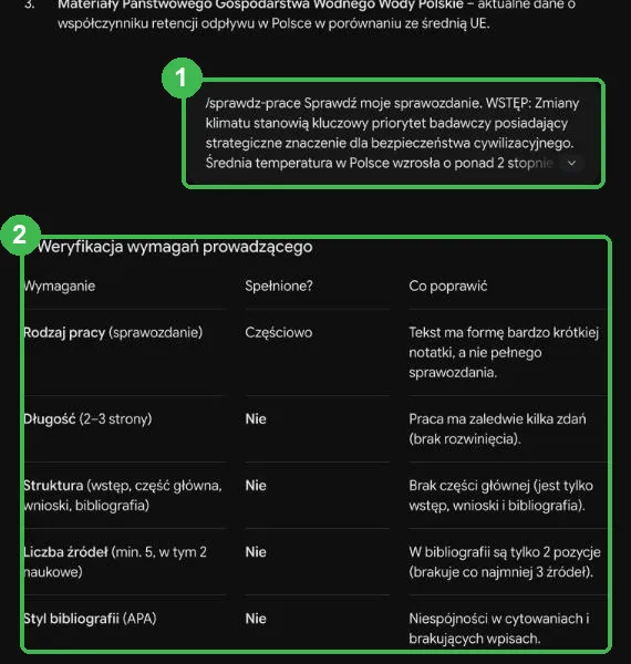 Rozmowa z wywołaniem /sprawdz-prace po planie referatu i tabela wymagań