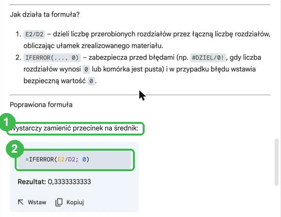 Wyjaśnienie Gemini: wystarczy zamienić przecinek na średnik, i poprawiona formuła
