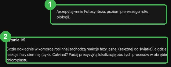 Wywołanie /przepytaj-mnie Fotosynteza i pierwsze pytanie 1/5 od Gemini