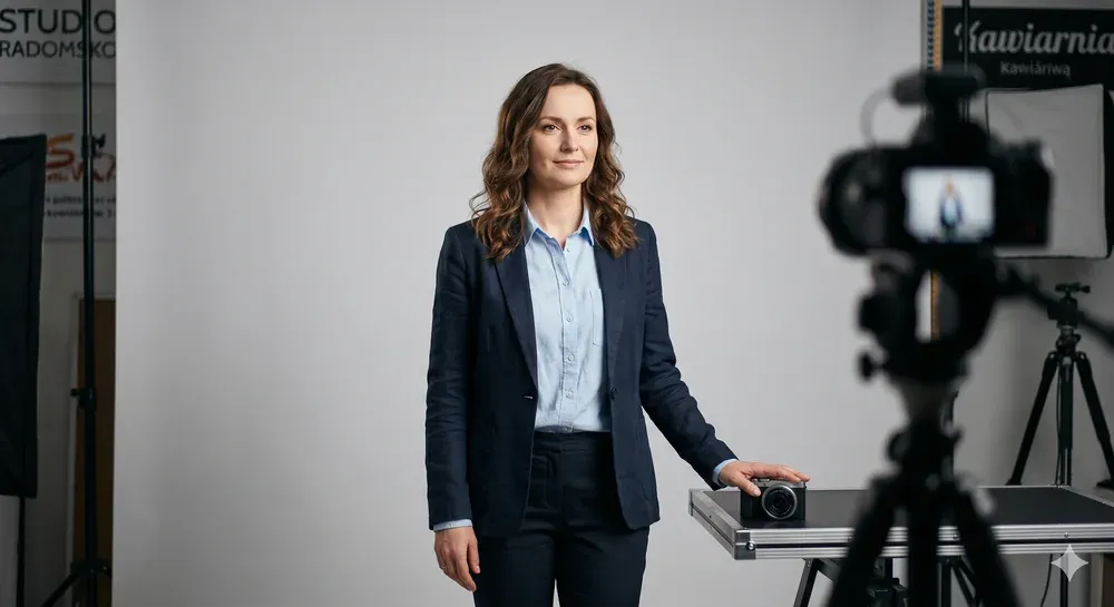 Portret przy świetle studyjnym z aparatem na statywie