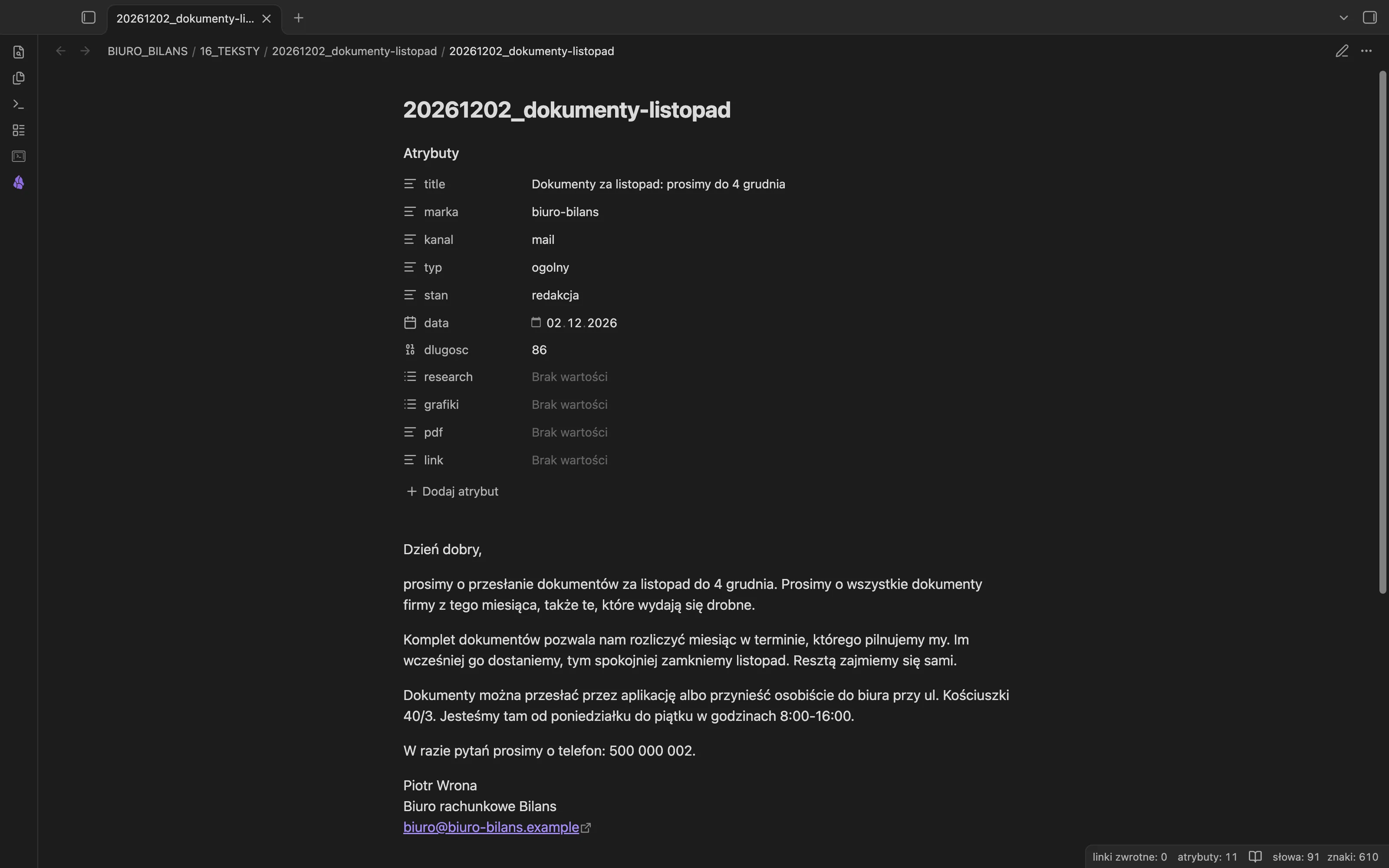Mail w Obsidianie: atrybuty marki biuro-bilans, kanał mail, a pod nimi tekst przypomnienia o dokumentach za listopad z terminem 4 grudnia