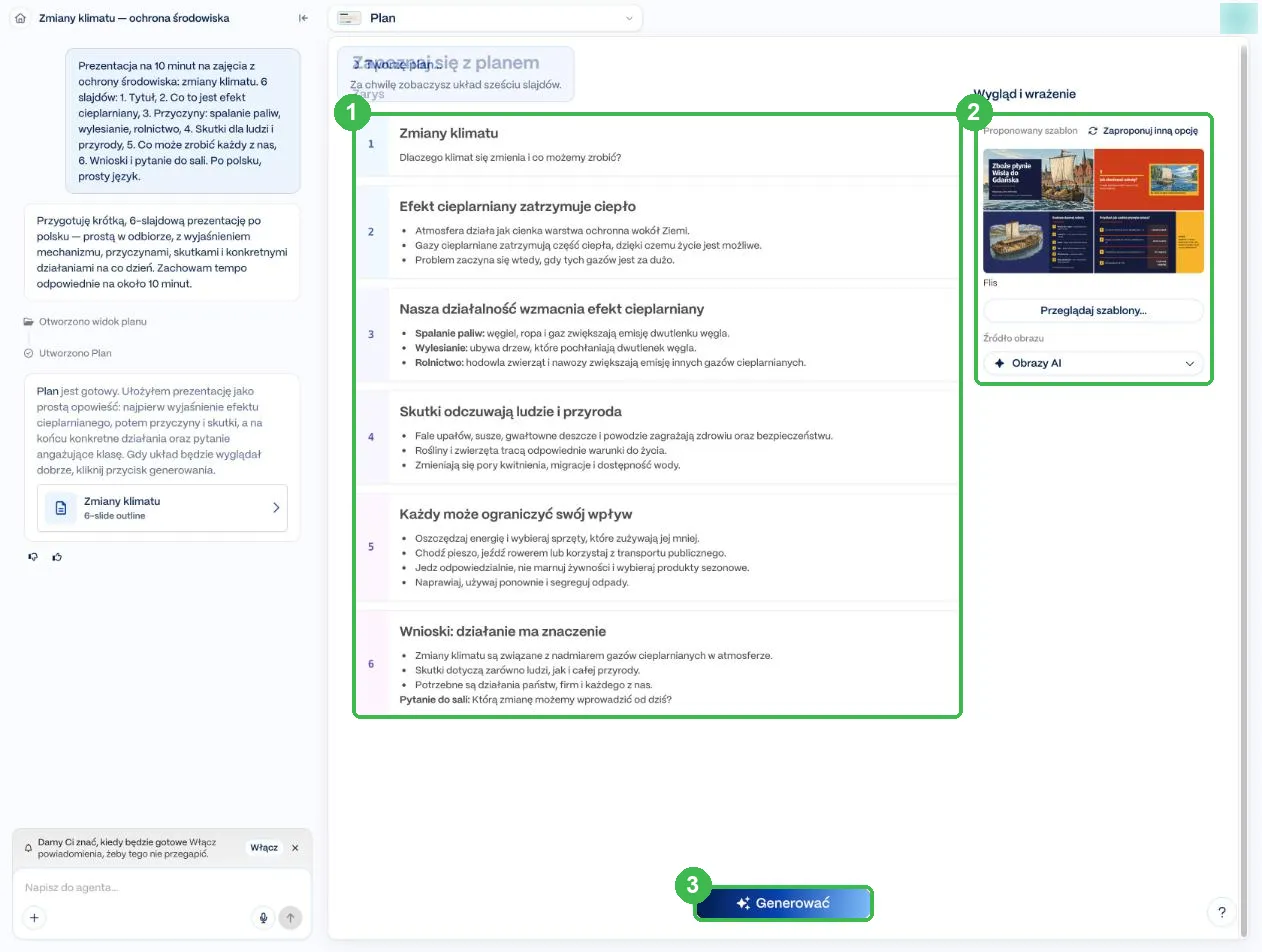 Plan sześciu slajdów, wybór szablonu i przycisk Generować