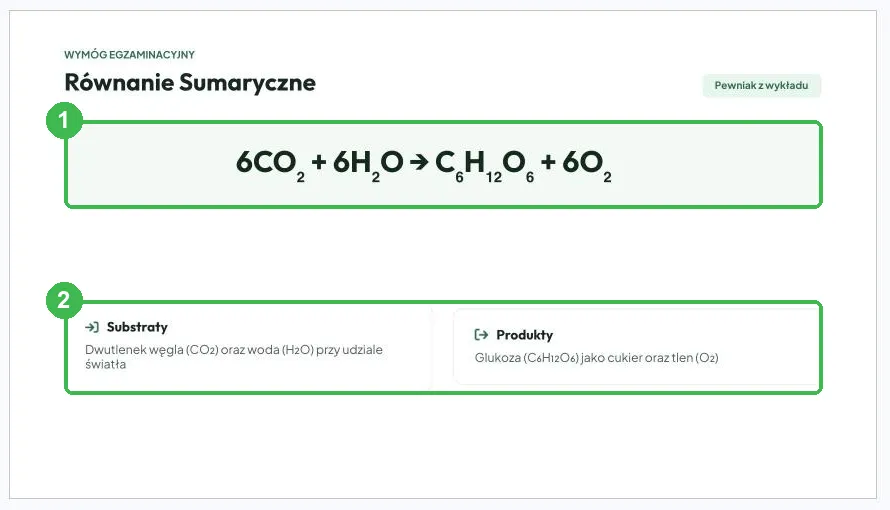 Slajd z równaniem fotosyntezy oraz substratami i produktami