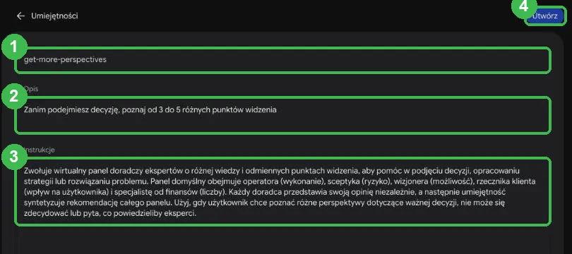 Szablon skilla z polami nazwa, opis, instrukcje i przyciskiem Utwórz