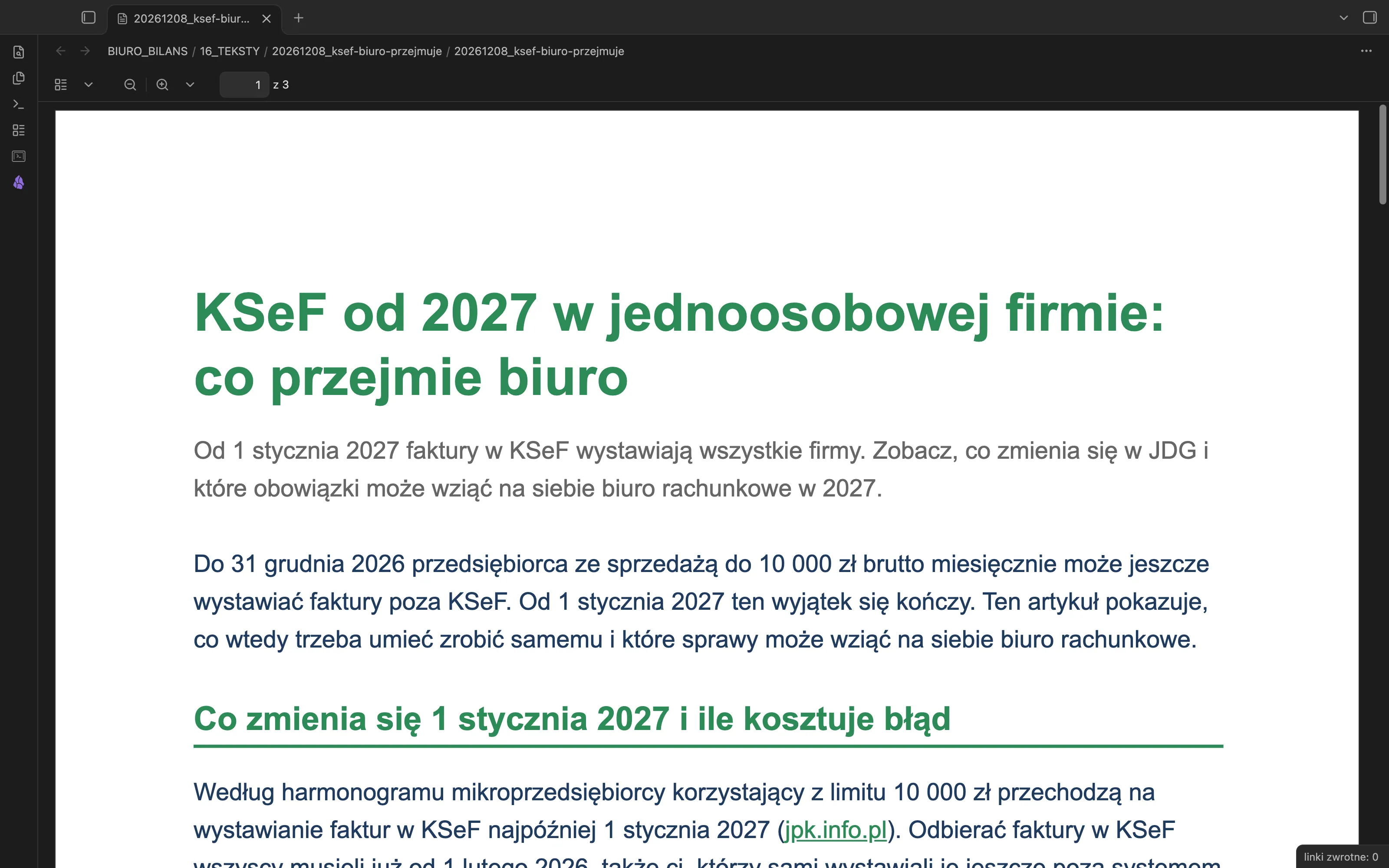 Pierwsza strona PDF artykułu o KSeF w kolorach biura rachunkowego: zielony tytuł, lead i pierwszy nagłówek z linią