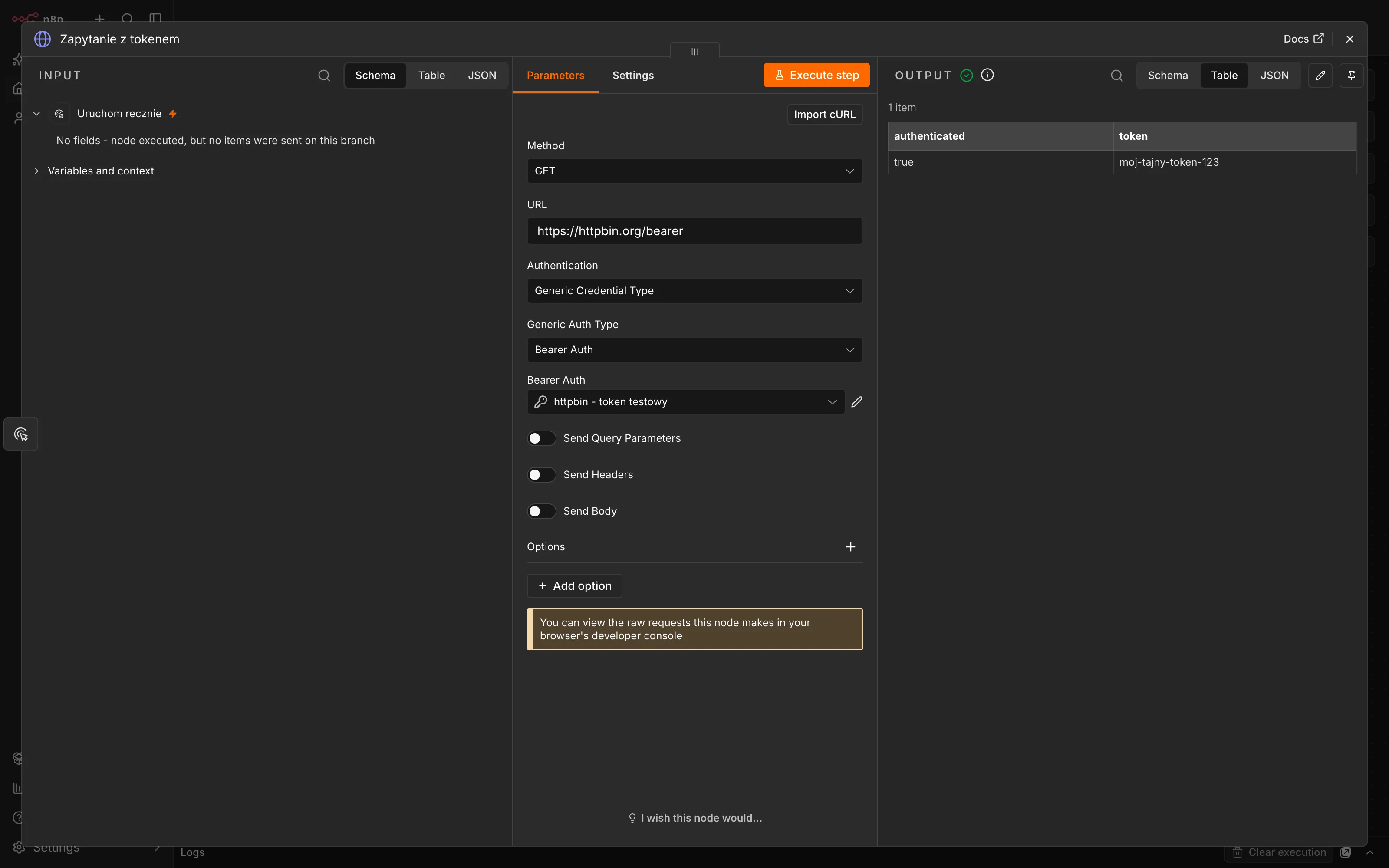 Węzeł HTTP Request z poświadczeniem - w danych wyjściowych authenticated true