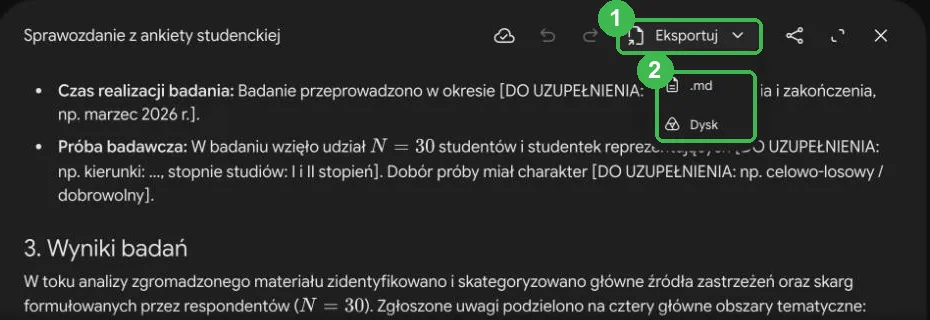 Menu Eksportuj dokumentu z opcjami .md i Dysk