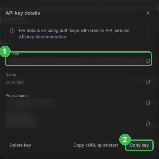 Szczegóły klucza: pole API Key i przycisk Copy key