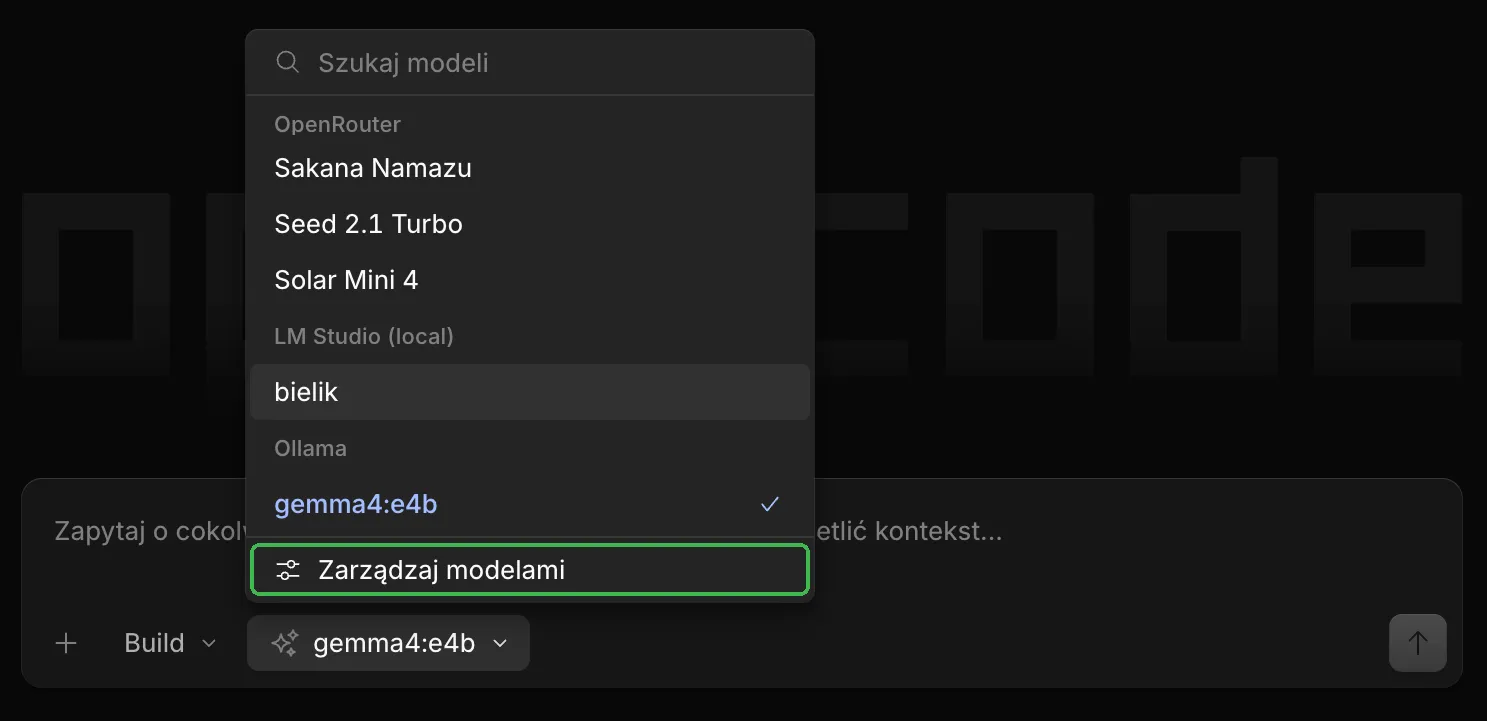 Lista modeli w OpenCode z zaznaczoną opcją Zarządzaj modelami