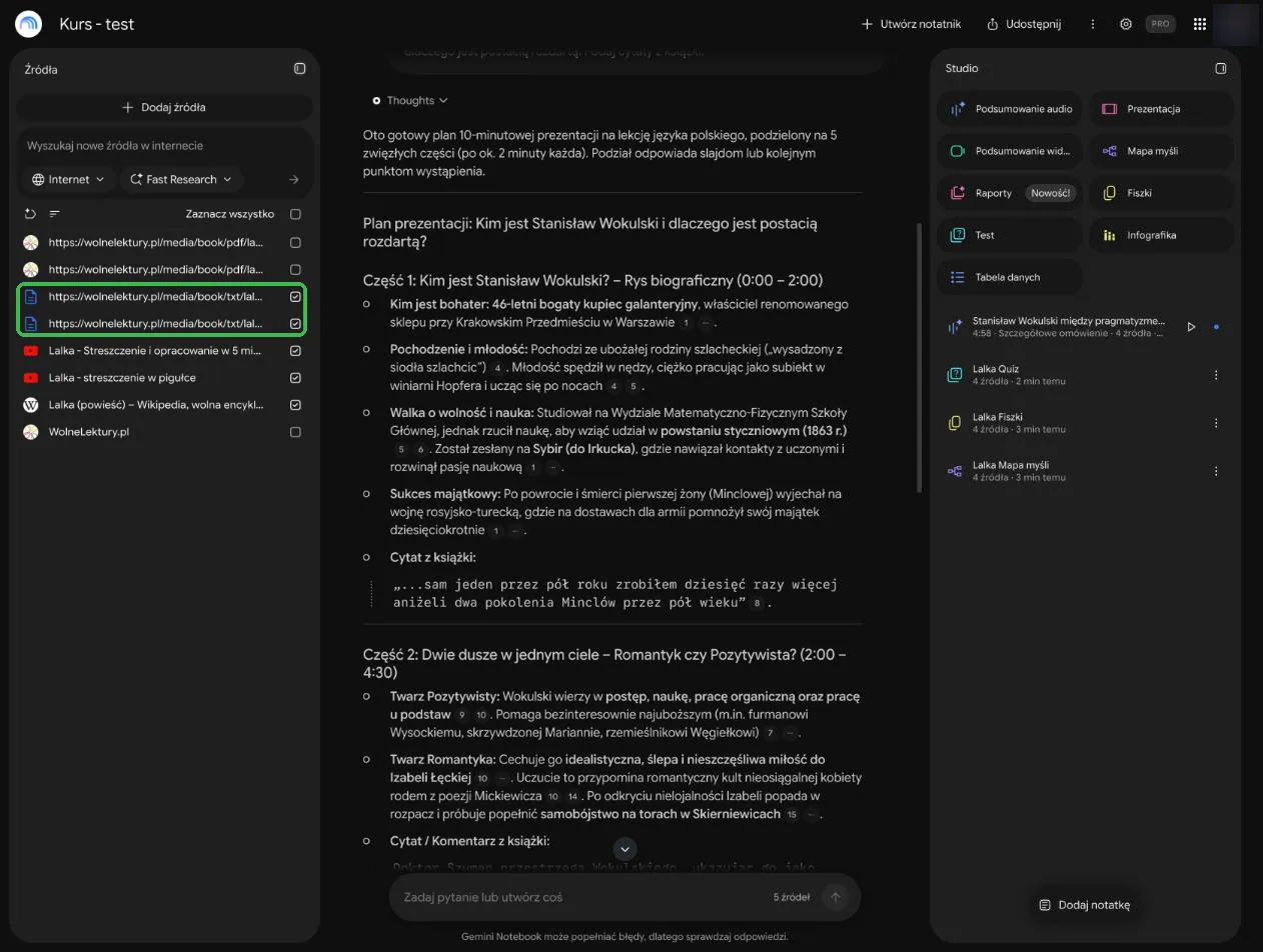 Panel Źródła z dwoma plikami TXT Lalki, dwoma filmami i Wikipedią