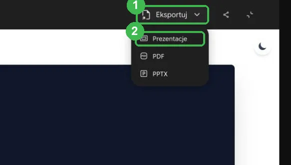 Menu Eksportuj z opcjami Prezentacje, PDF i PPTX