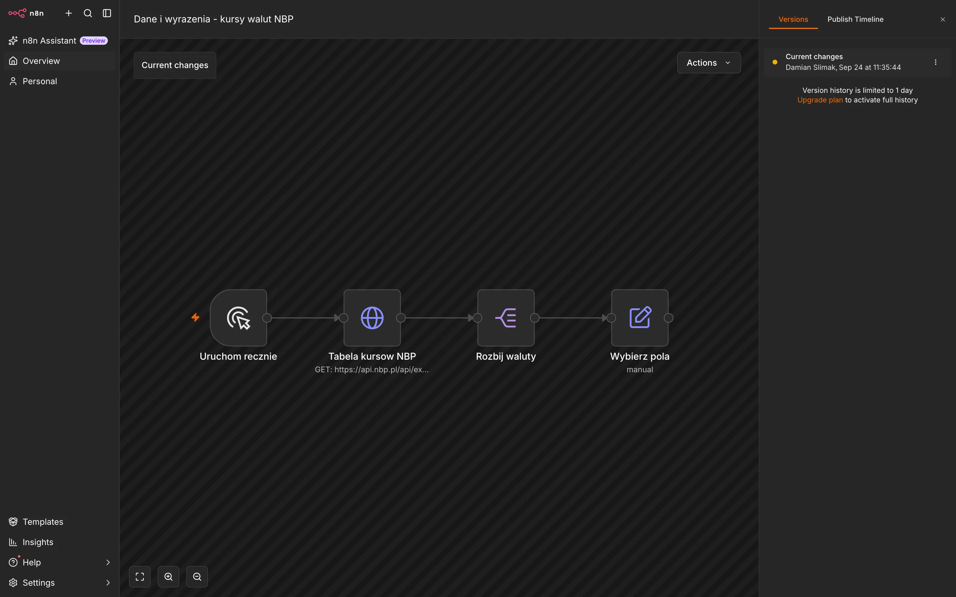 Panel Version History z wersją roboczą i zakładką Publish Timeline