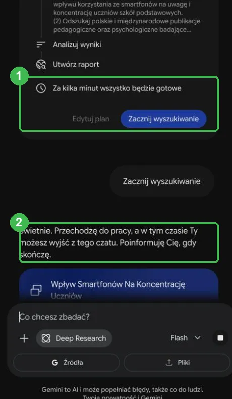 Zatwierdzony plan i informacja, że można wyjść z czatu, a Gemini powiadomi o końcu