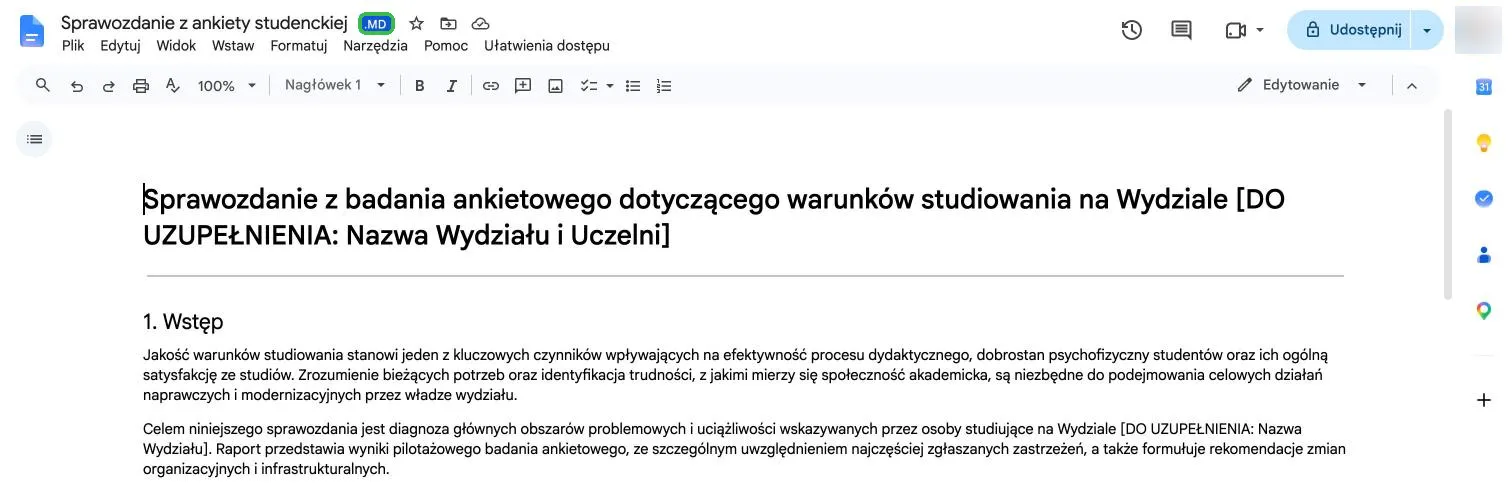 Szkic otwarty w Dokumentach z plakietką .MD przy tytule