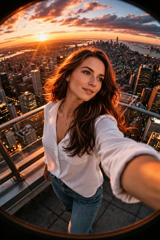 Selfie na dachu o zachodzie słońca