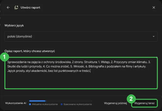 Opis sprawozdania z numerowaną strukturą i przycisk Wygeneruj teraz