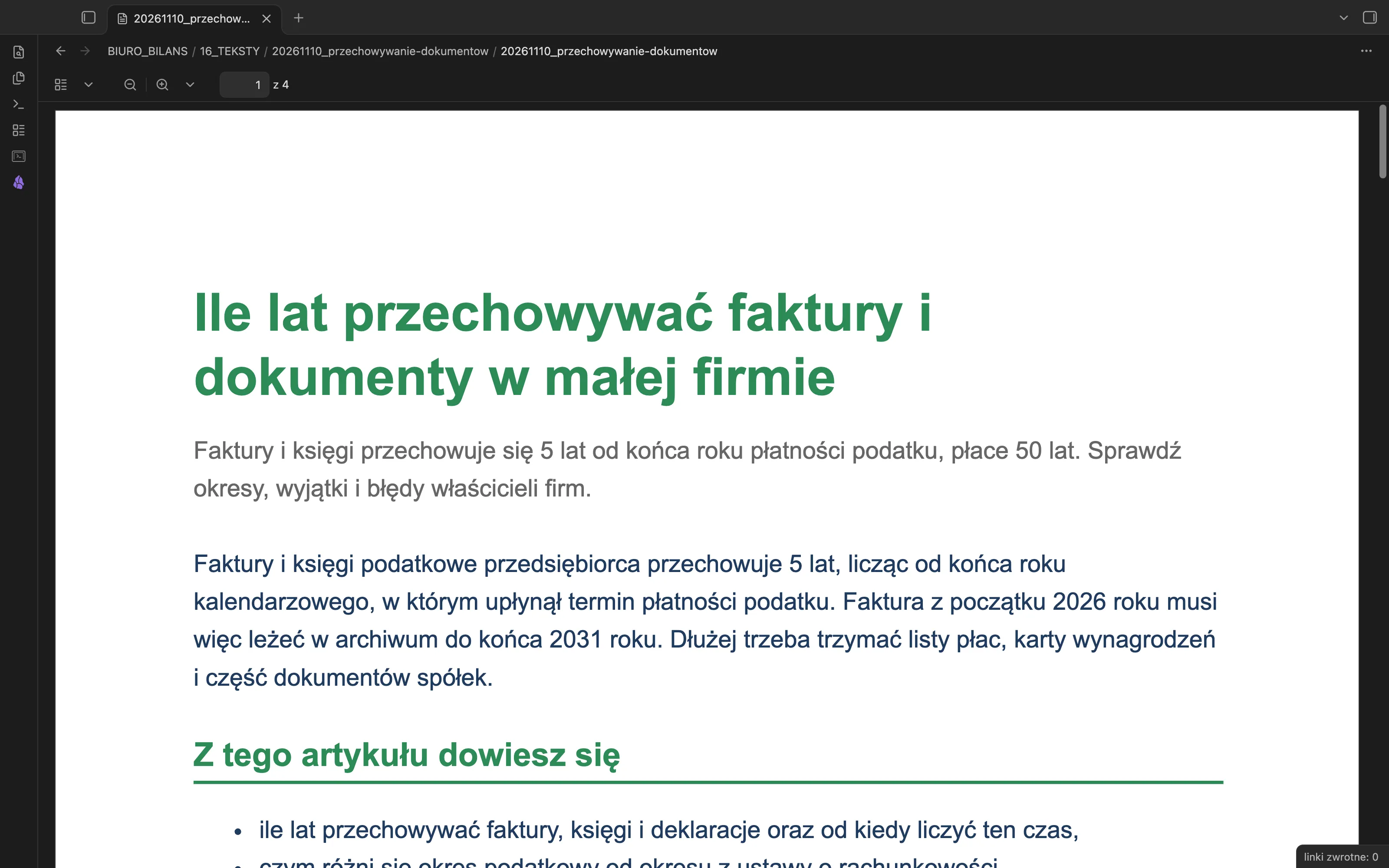 Pierwsza strona PDF artykułu Ile lat przechowywać faktury i dokumenty w małej firmie otwarta w Obsidianie: zielony tytuł, szary lead i pierwszy nagłówek z linią
