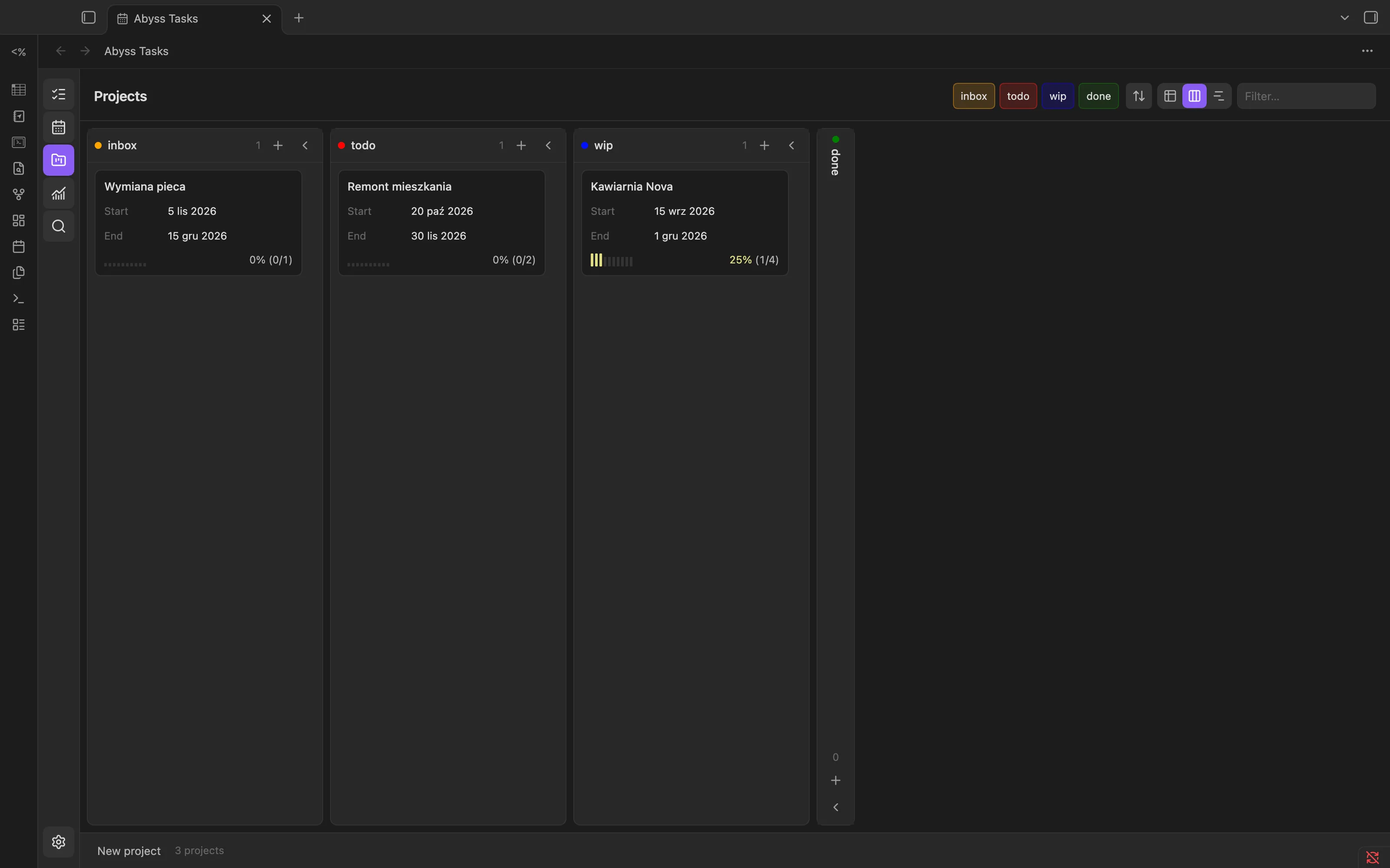 Projekty w widoku kanban, kolumny inbox, todo, wip i done