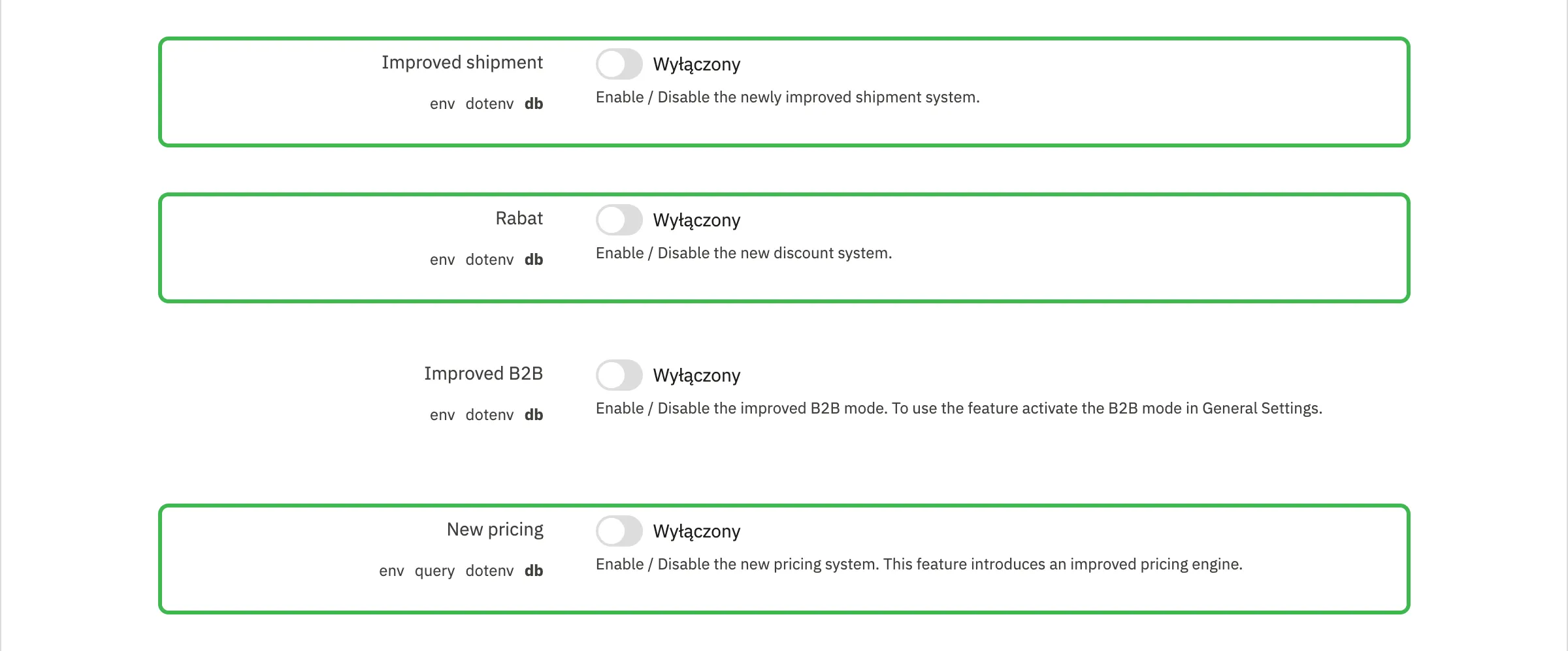 Przełączniki Improved shipment, Rabat i New pricing na stronie funkcji eksperymentalnych, wszystkie wyłączone