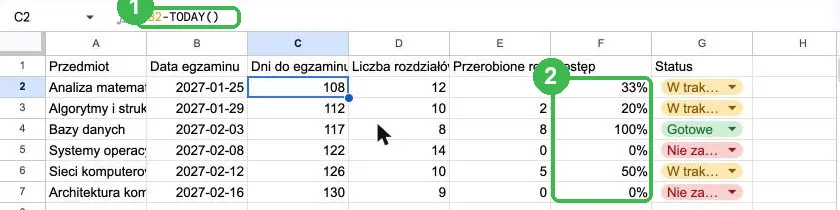 Poprawiona zakładka z formułą dni do egzaminu i postępem w procentach