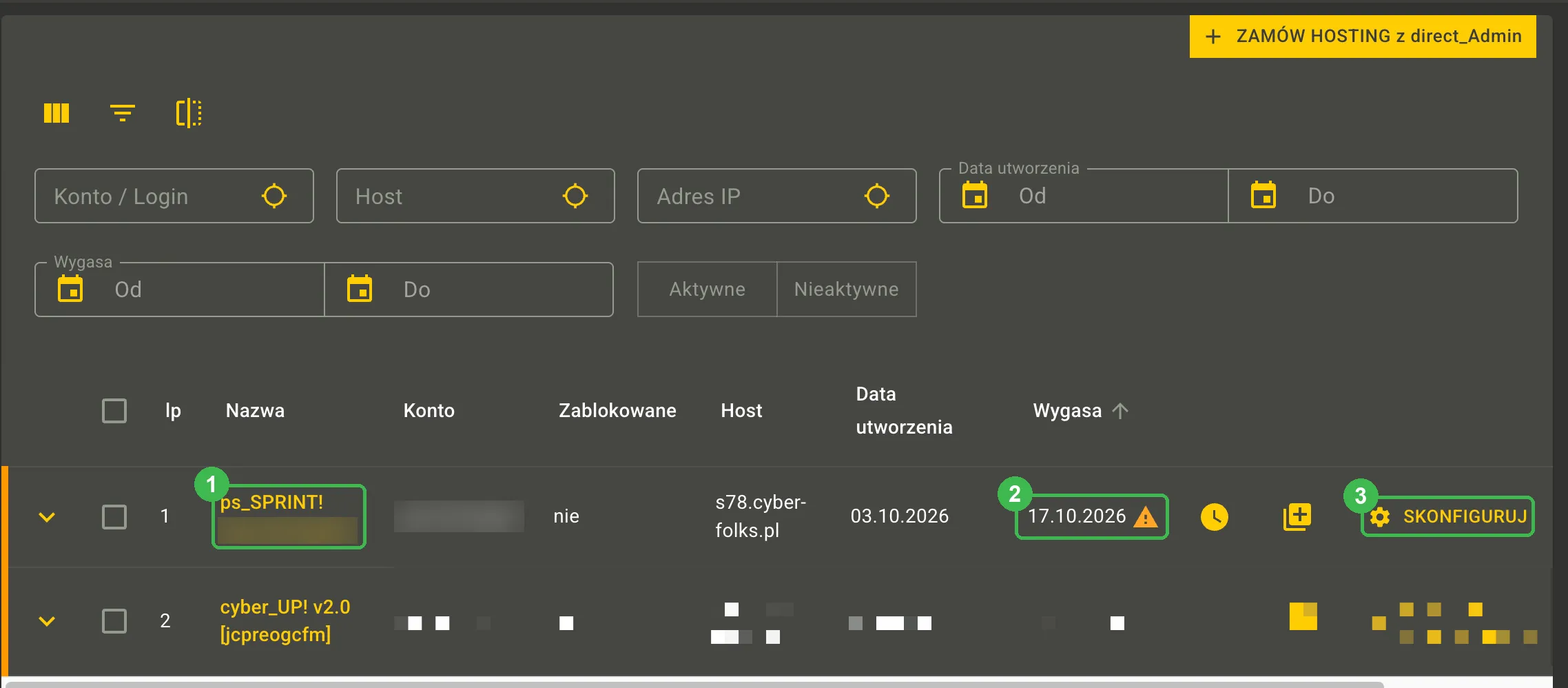 Lista usług hostingowych w panelu cyber_Folks z pakietem ps_SPRINT!, datą wygaśnięcia i przyciskiem Skonfiguruj