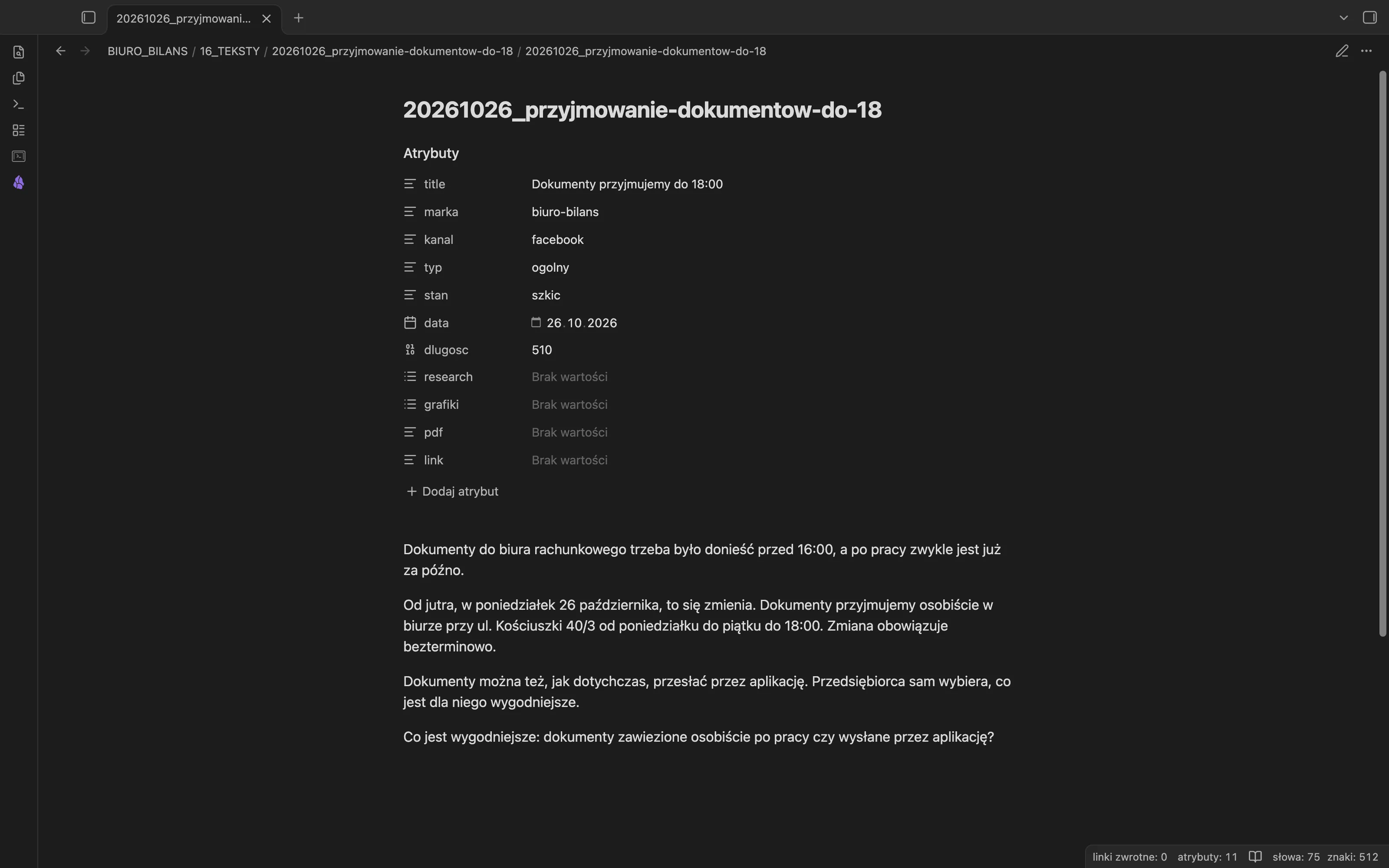 Plik z postem w Obsidianie: atrybuty title, marka, kanał, typ, stan, data i długość oraz cztery akapity tekstu
