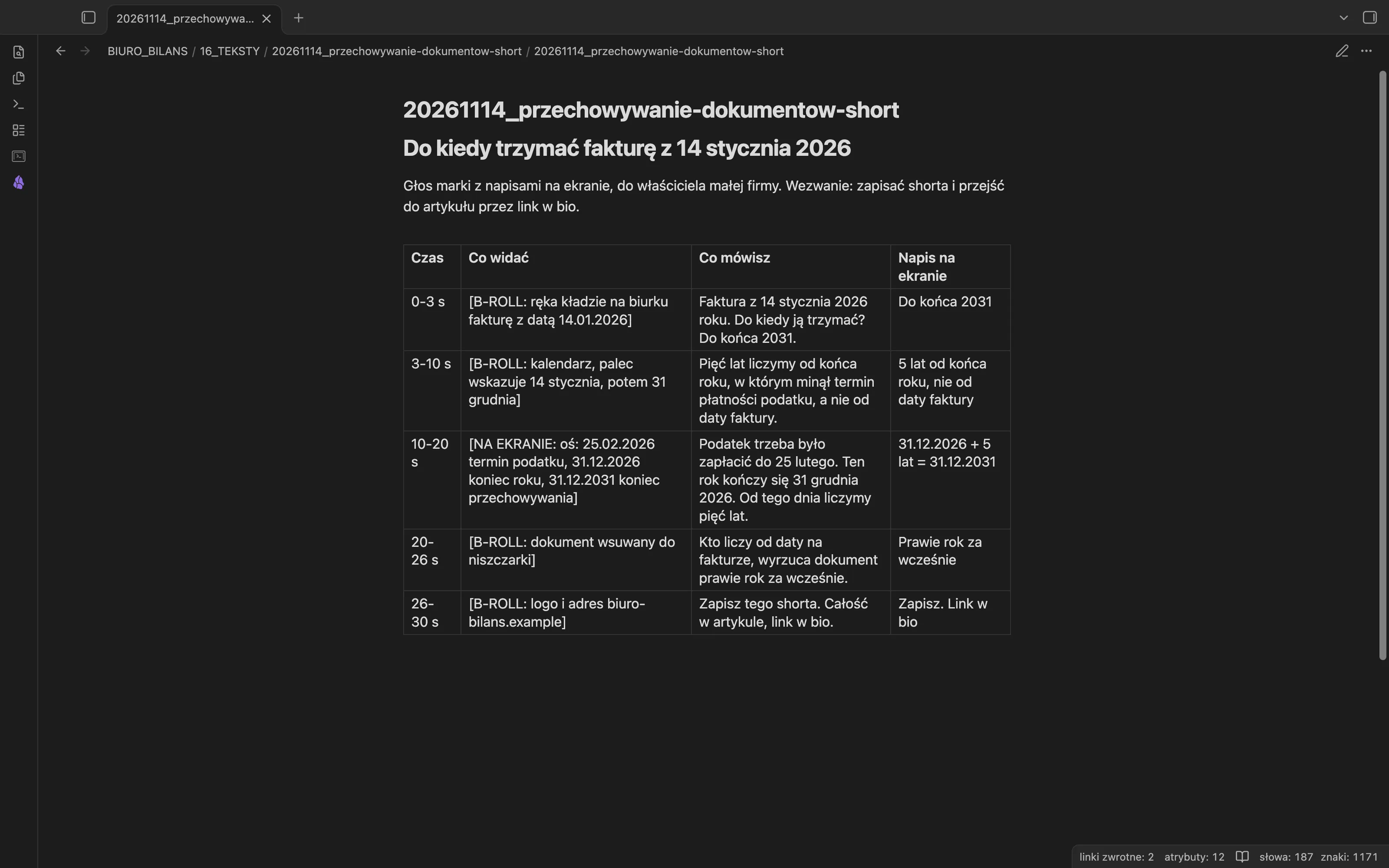 Scenariusz shorta Biura Bilans o przechowywaniu faktury z 14 stycznia 2026 w Obsidianie: tytuł, opis i tabela z kolumnami czas, co widać, co mówisz i napis na ekranie