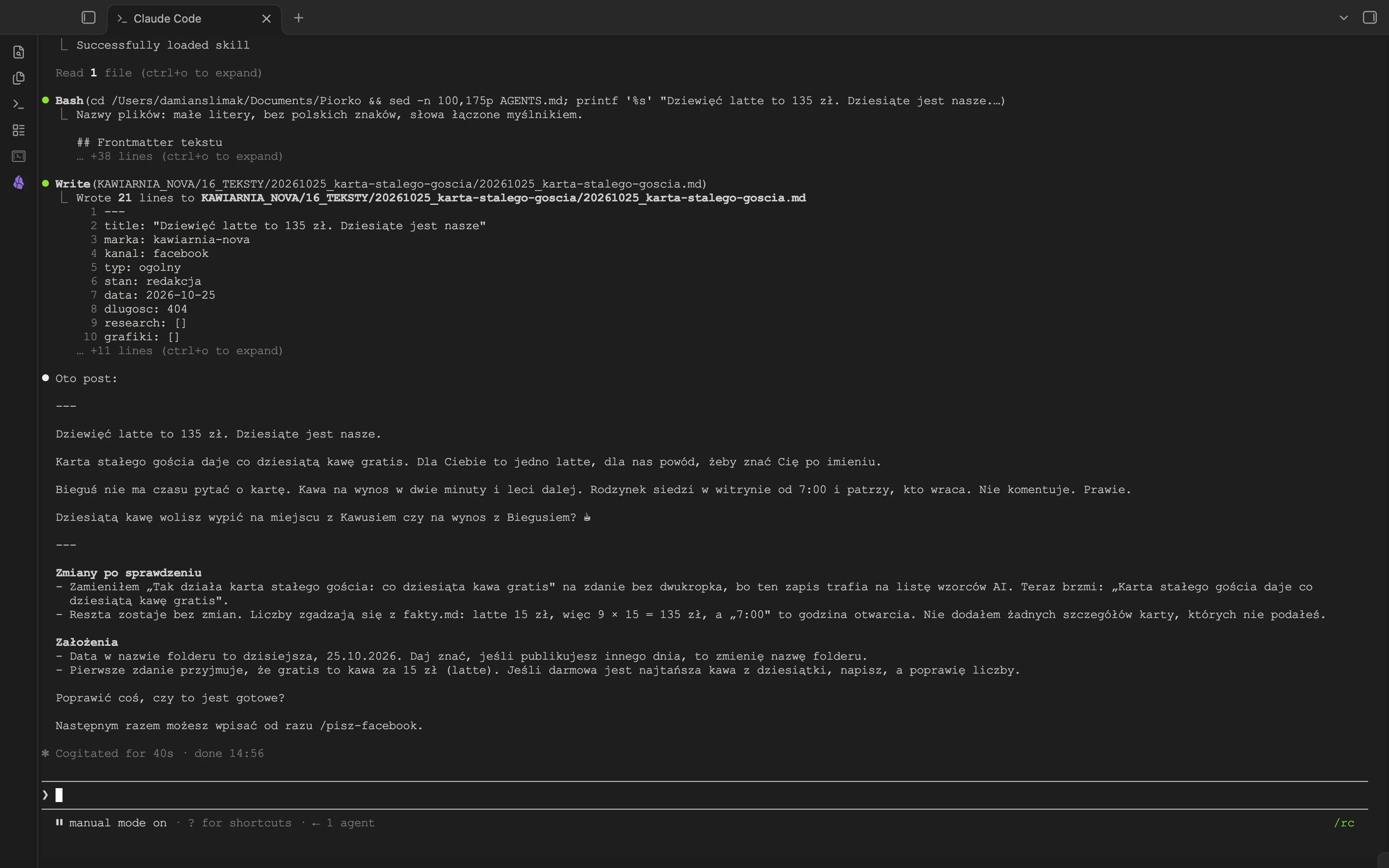 Terminal Claude Code: gotowy post Kawiarni Nova z tytułem Dziewięć latte to 135 zł i Dziesiąte jest nasze, lista zmian po sprawdzeniu i założenia