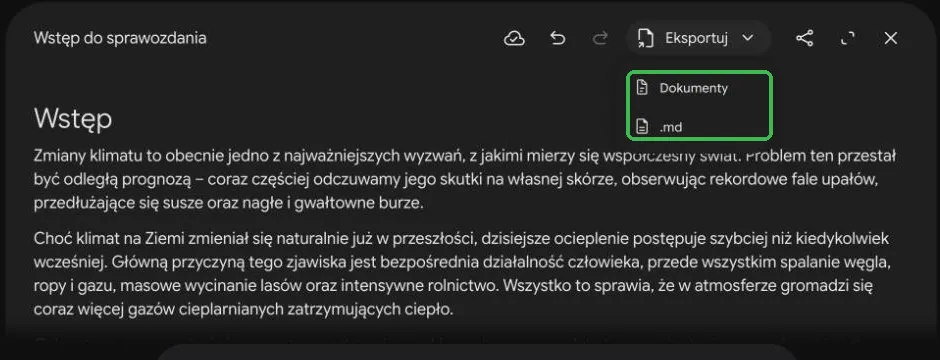 Menu Eksportuj z opcjami Dokumenty i .md
