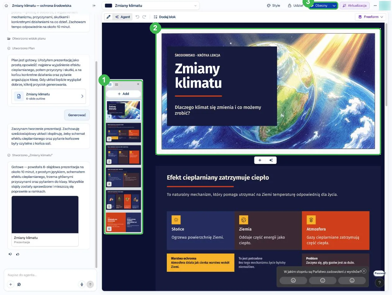 Gotowa prezentacja Zmiany klimatu: lista sześciu slajdów i slajd tytułowy z grafiką Ziemi