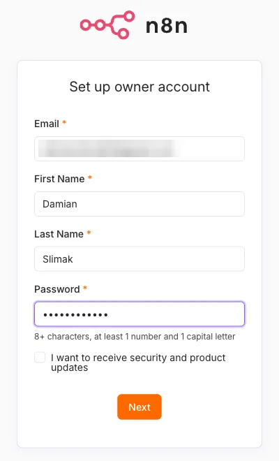 Kreator n8n na VPS-ie - Set up owner account z polami Email, First Name, Last Name i Password