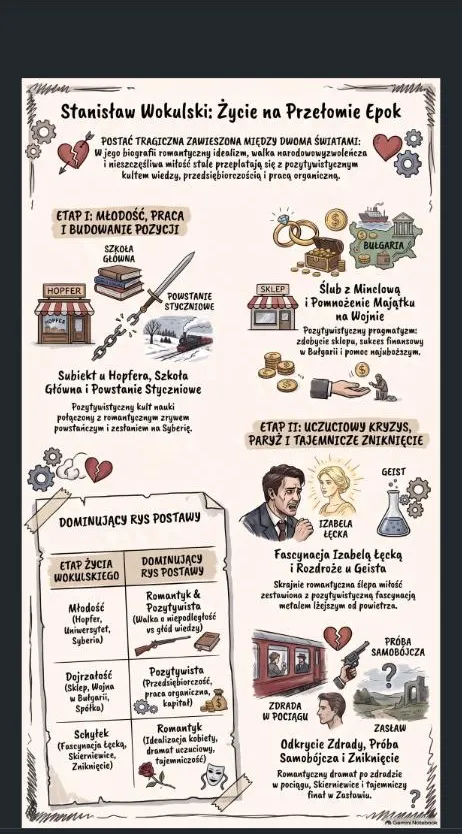 Gotowa infografika Stanisław Wokulski: Życie na Przełomie Epok z dwoma etapami i tabelą postaw