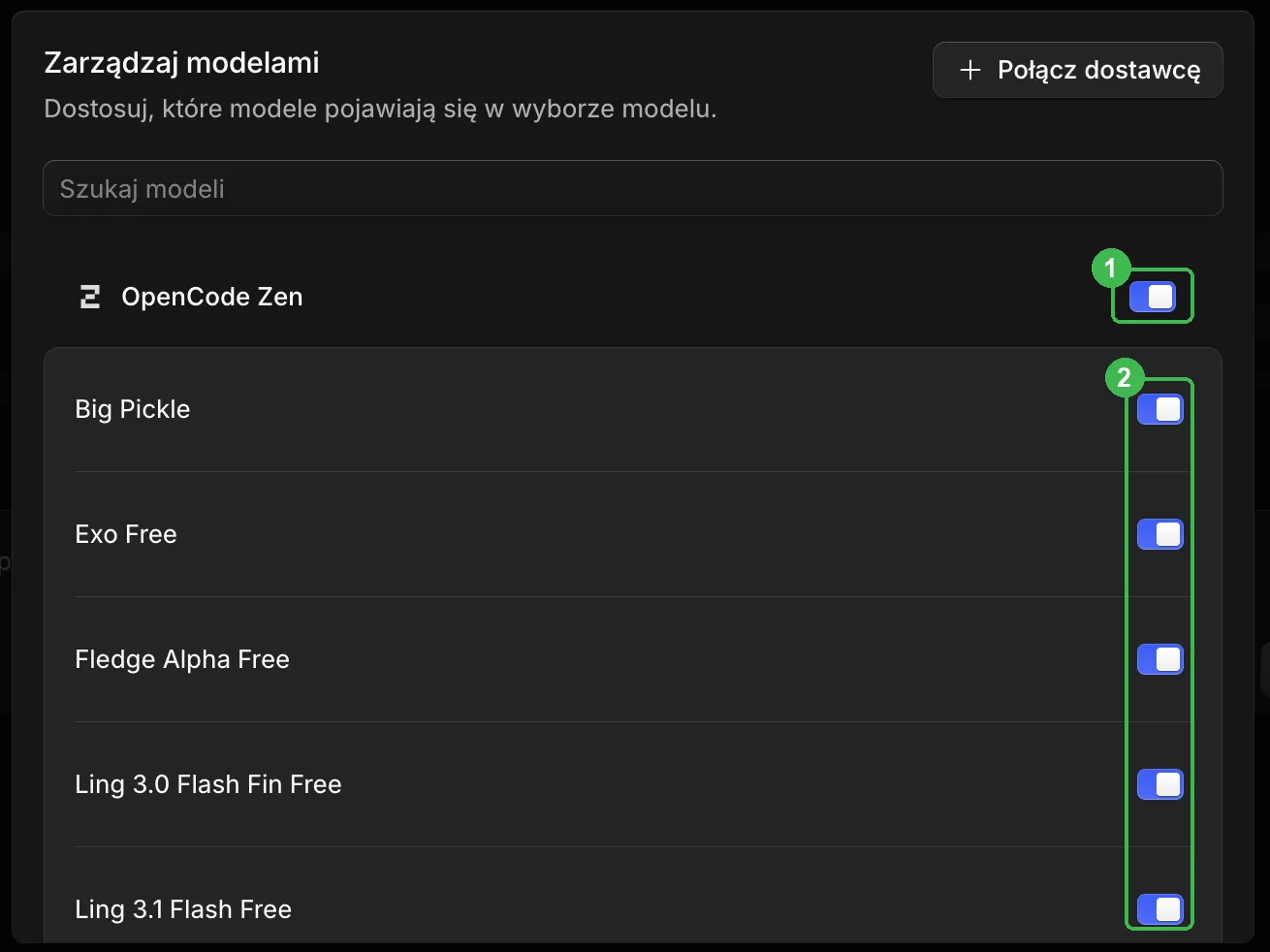 Okno Zarządzaj modelami: przełącznik OpenCode Zen i przełączniki przy każdym modelu