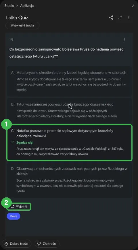 Pytanie quizu o tytuł Lalki z zaznaczoną poprawną odpowiedzią C i uzasadnieniami