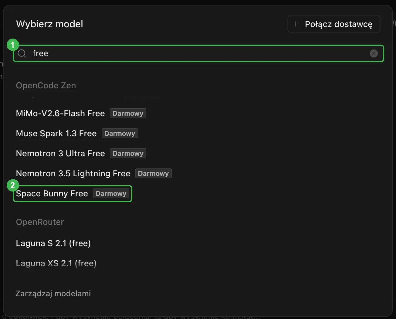 Wybór modelu: wyszukiwarka z wpisanym free i zaznaczony Space Bunny Free