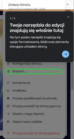 Menu z opcją Eksport