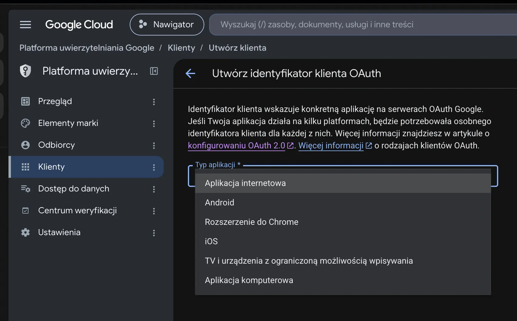 Lista Typ aplikacji w Google Cloud - Aplikacja internetowa na górze, Aplikacja komputerowa na samym dole