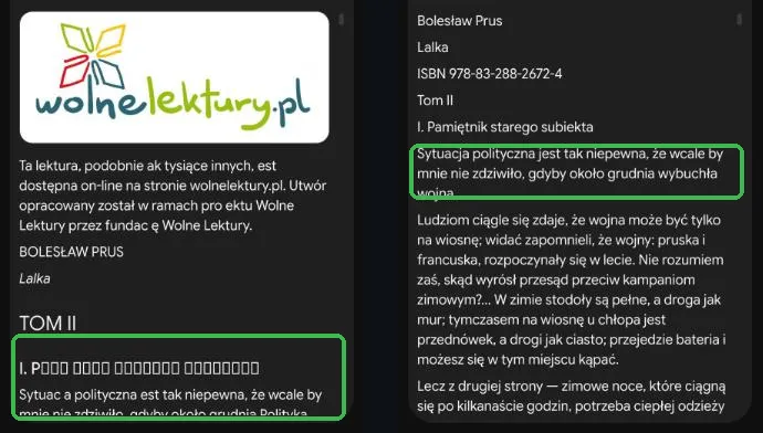 Ten sam fragment Lalki: po lewej z PDF z brakującymi literami, po prawej z TXT bez błędów