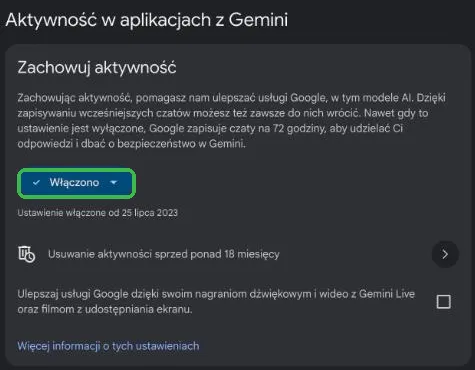 Ustawienie Zachowuj aktywność z przyciskiem Włączono